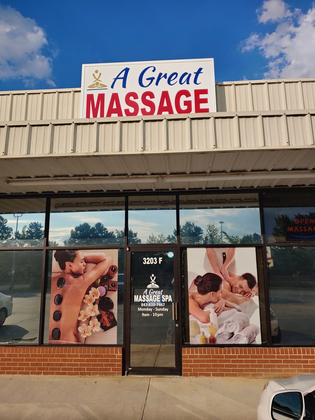 Our shopfront at 3203 F West Palmetto Street with the A Great Massage sign above the door